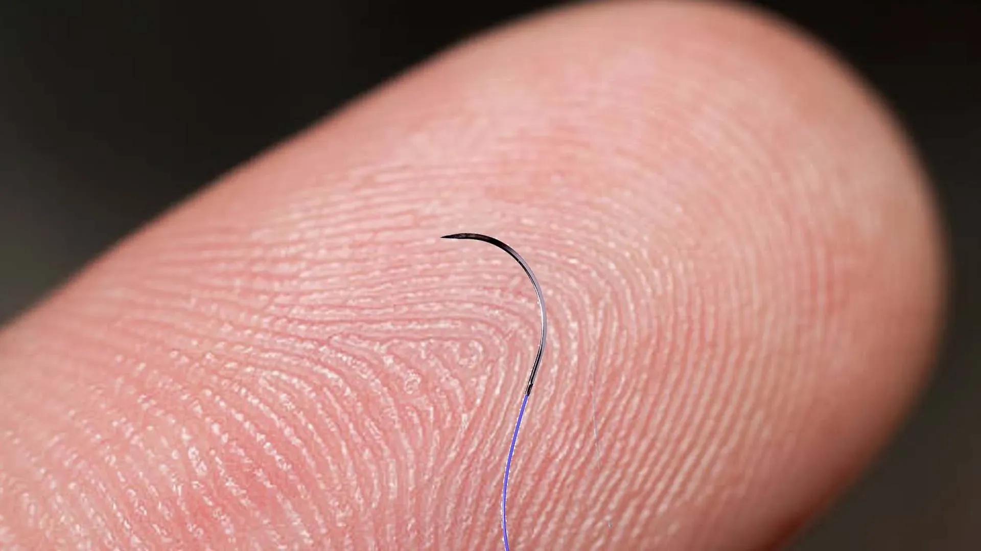 A tiny suture needle on a fingertip